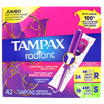 TAMPAX RADIANT JUMBO (24R+18S) UNSCENTED 42COUNT
