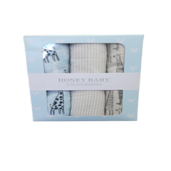 Honey Baby 3 muslin blankets (Blue)